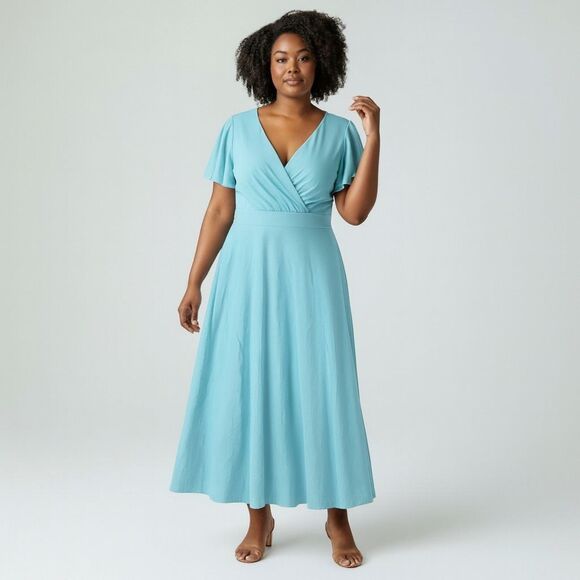 Dokotoo Dresses & Skirts - Dokotoo Aqua Blue Flutter Sleeve Midi Dress Women Size L V-Neck Fit & Flare
